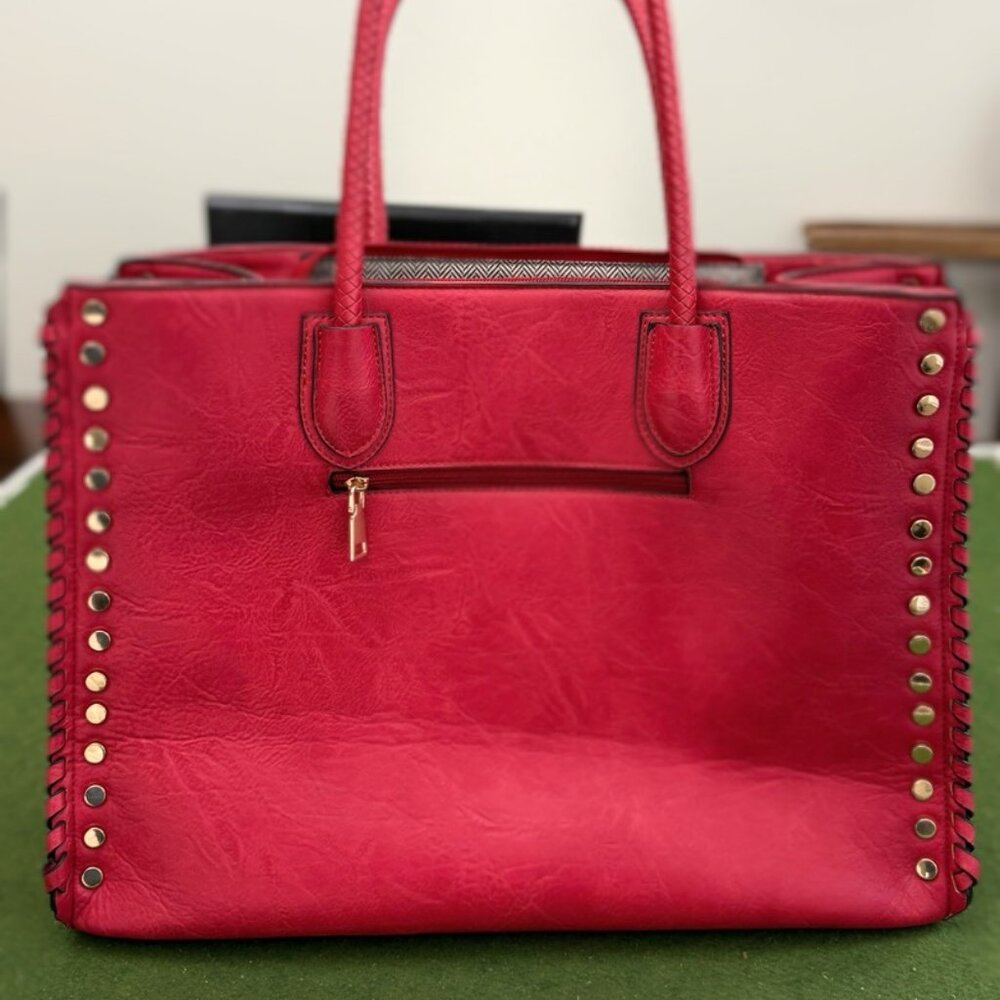 Diophy Vegan Leather Red Studded Tote Bag – Braided Handles – Large Tote